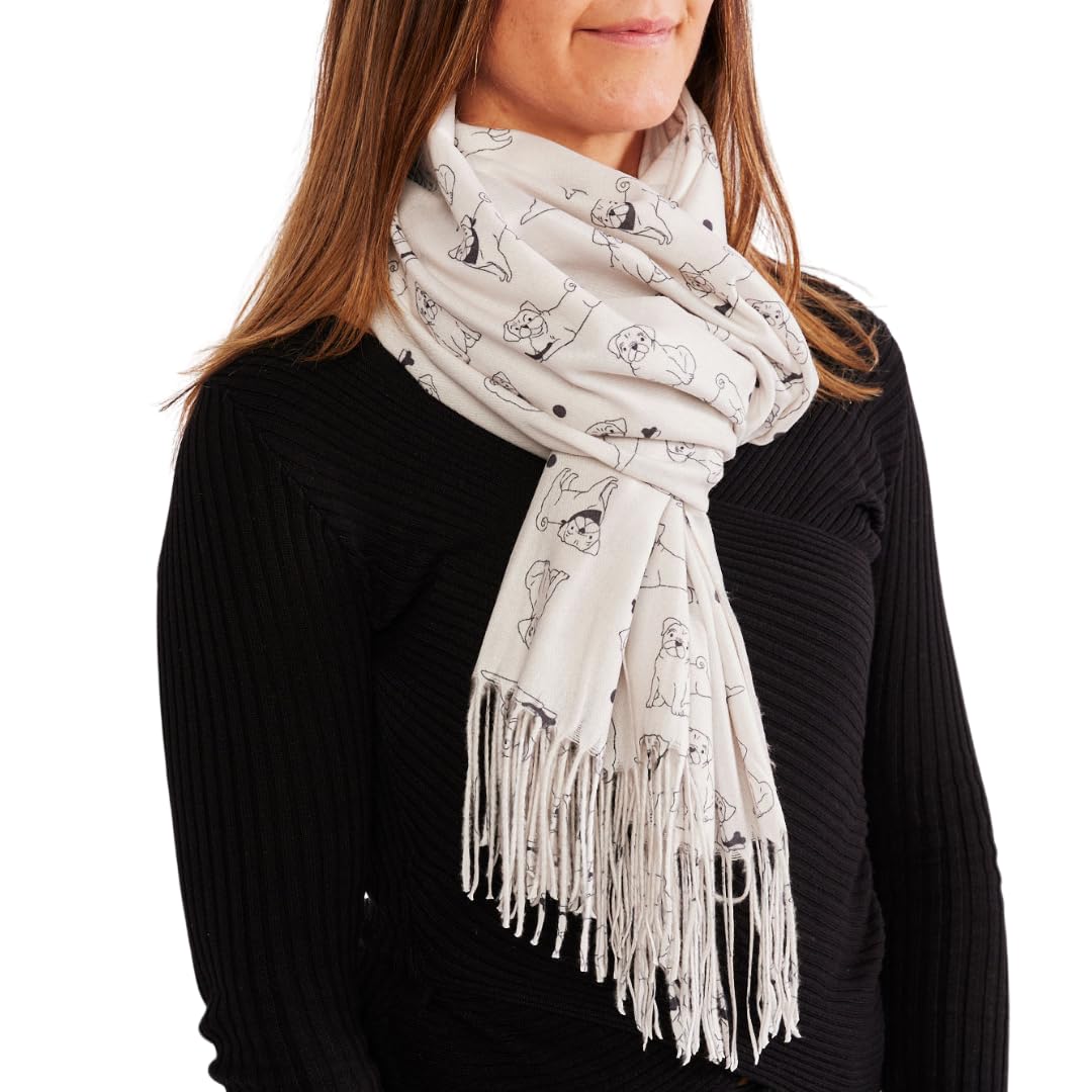 P Dot Wolf Women's Cream Dog Print Scarf, Lightweight Scarfs Warp For Dog Lovers, Scarves And Wraps With Dog Design, Gift For Dog Lovers, Gifts For (Pug)