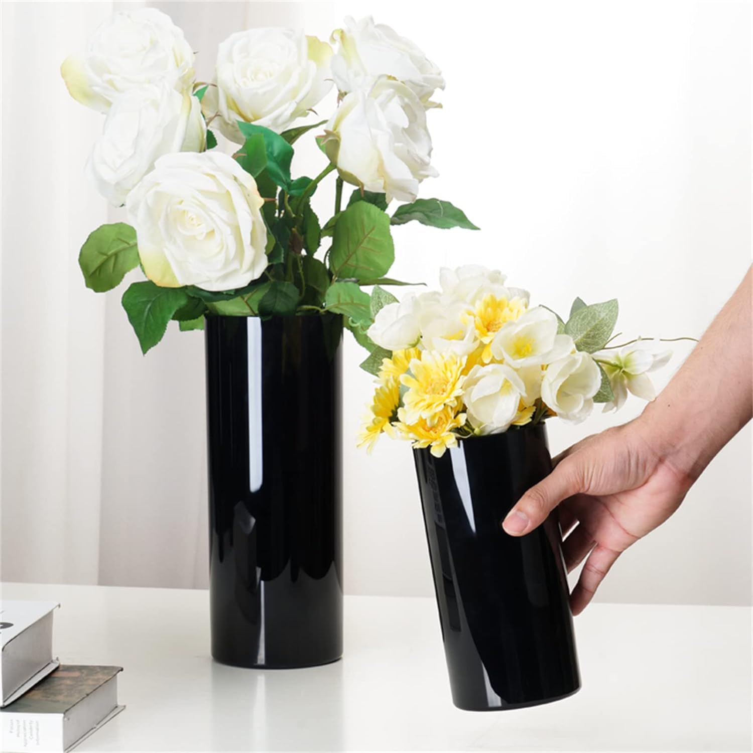 Amazon.co.jp: 黒いプラスチック花瓶花用飛散防止円筒形大型床花瓶