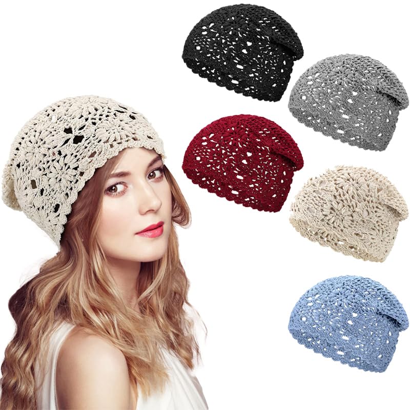 Rivweten 1 x Damen-Häkelmütze lockere Strickmütze Baumwolle handgefertigt für Sommer Winter weich bequem Blumenmuster Totenkopfmütze beige Einheitsgröße