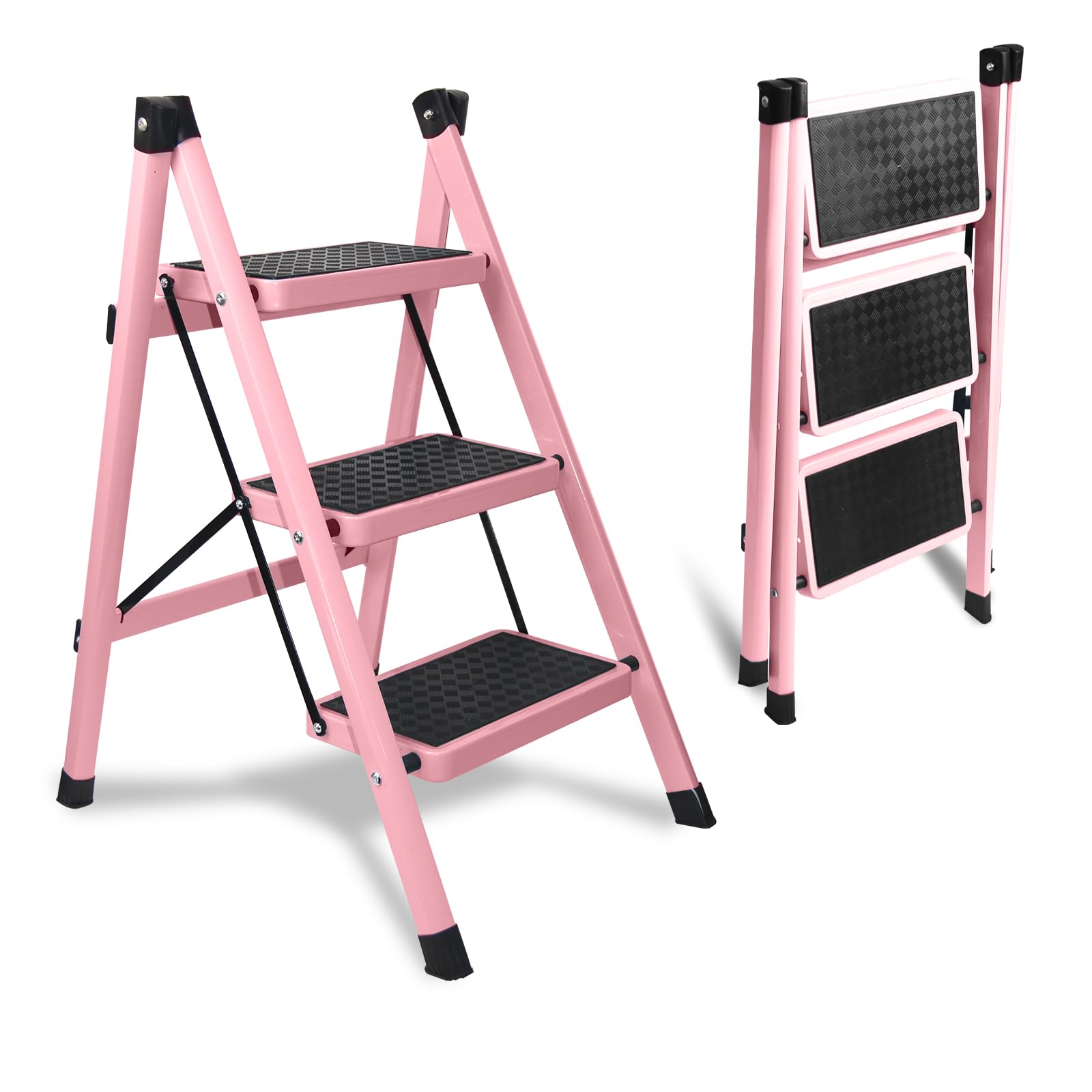 Ufriandz Foldable 3 Step Ladder, Lightweight Folding Step Stool for Closet Women Decorative, Sturdy Steel Step Ladder with Anti-Slip Wide Pedals for Kitchen Bedroom, 300lbs Capacity, Pink