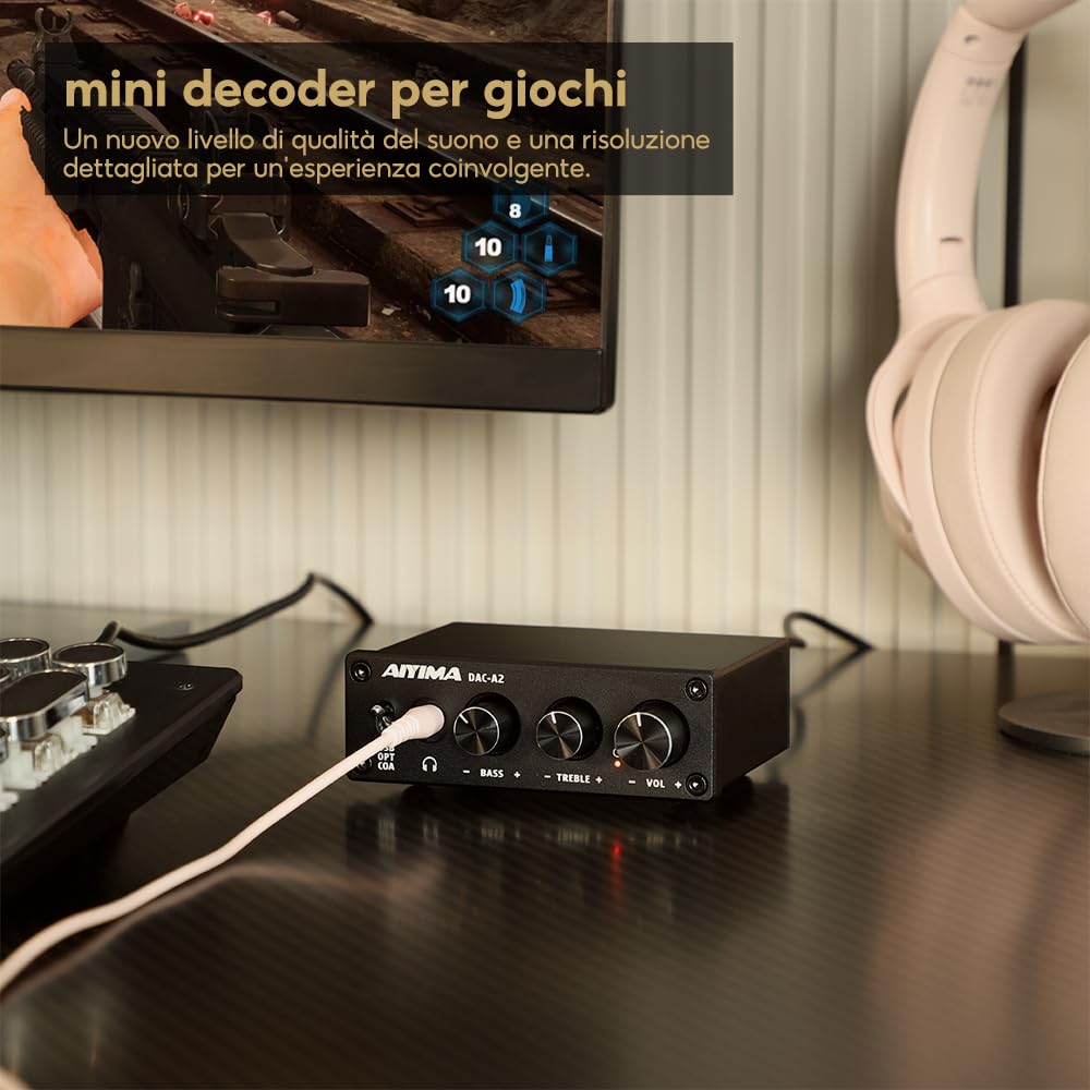 AIYIMA DAC-A2 DC5V Mini Decodificatore audio DAC alimentato USB Amplificatori per cuffie desktop Coassiale/Ottico a RCA Uscita per cuffie Convertitore digitale-analogico a 24 bit 192 KHz