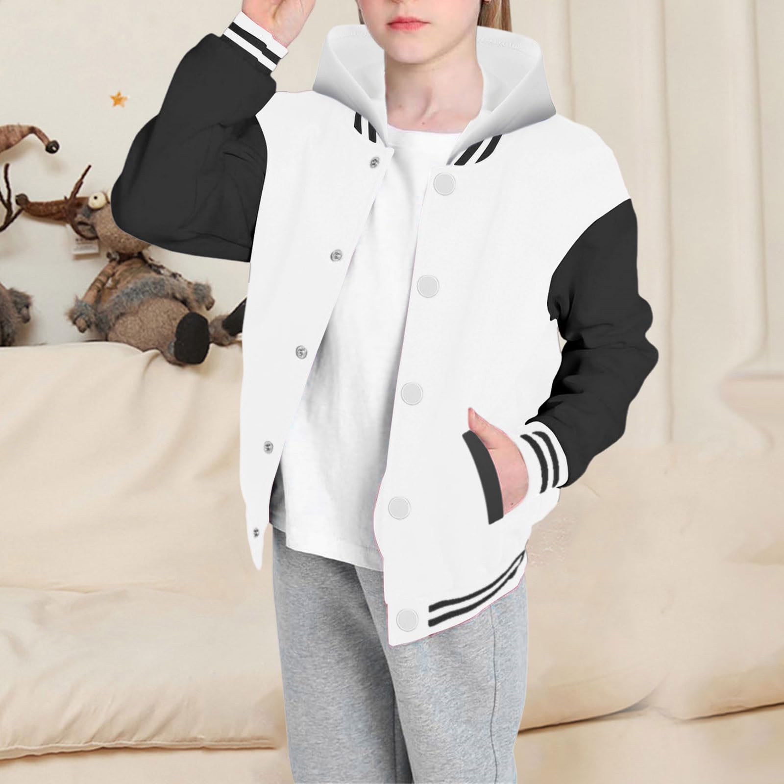 Abrigo con capucha de béisbol con bloques de color y manga larga para otoño y primavera para niños y niñas, combinación de tejidos, con botones a presión, estilo retro americano, moderno.