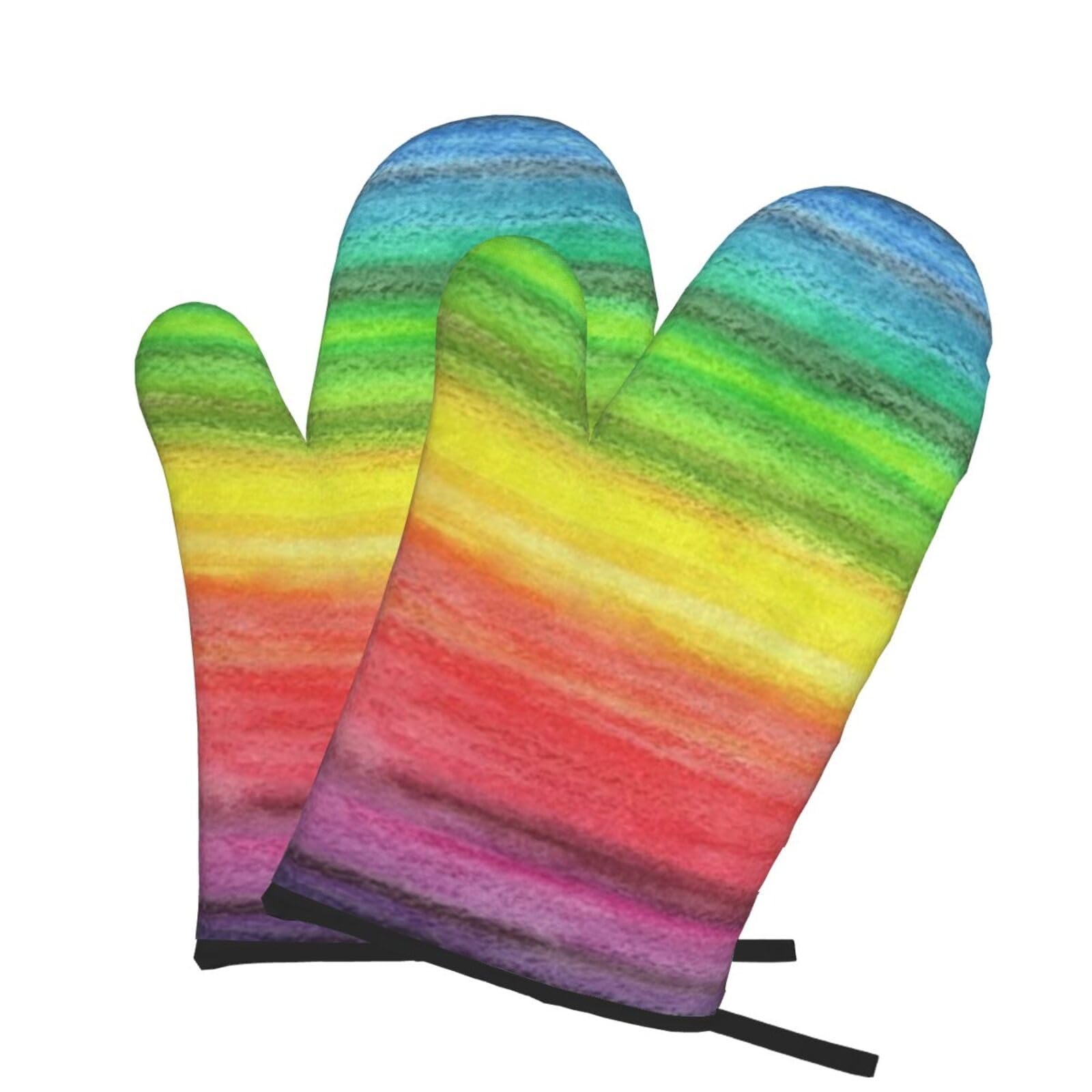 Oven Mitts Set of 2 Pcs, Watercolor Rainbow Prints Heat Resistant Kitchen Gloves for Cooking Baking Grilling