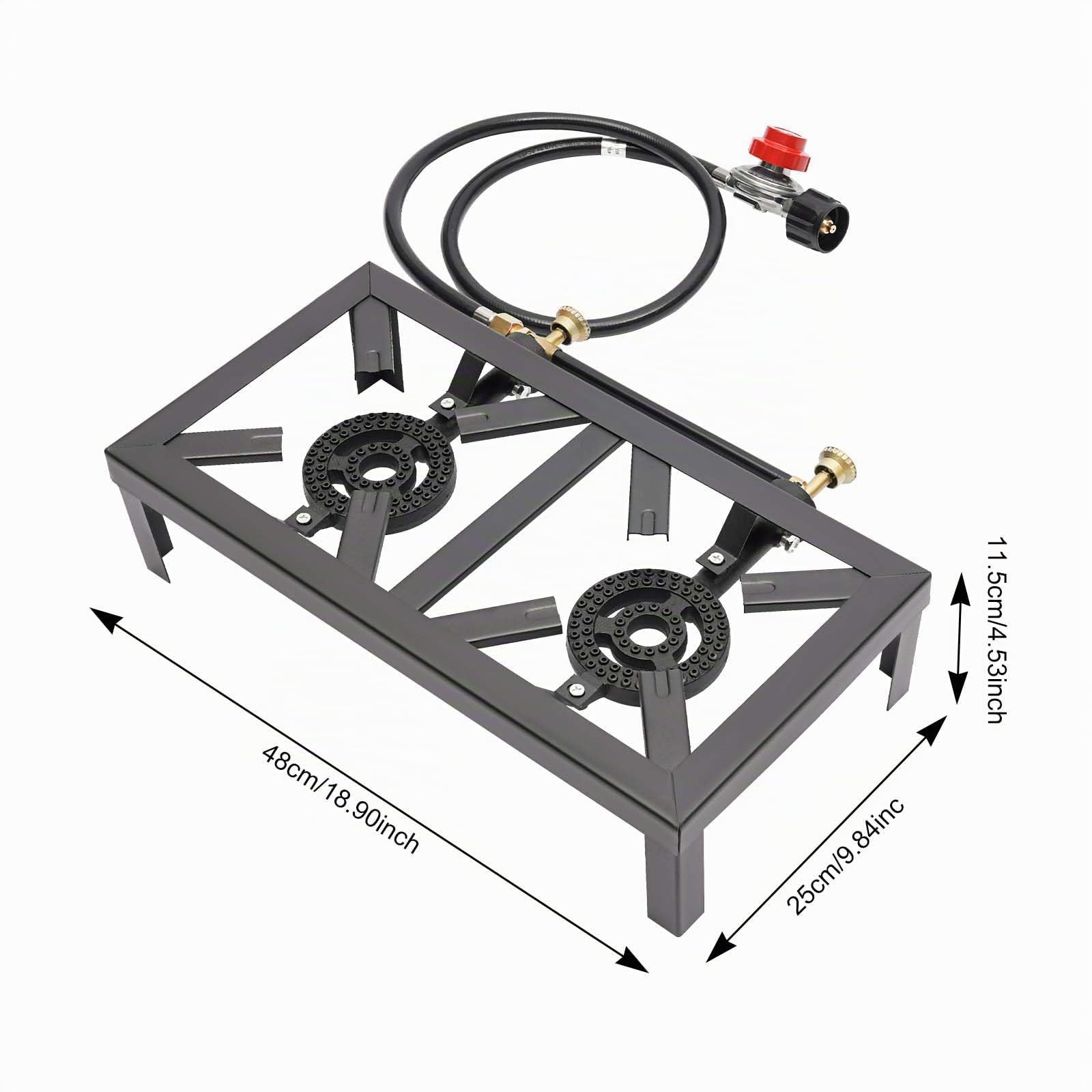 Réchaud à gaz extérieur 48x25x11cm Noir Réchaud à gaz sur Pied 8000W Double brûleur en Fonte avec régulateur Tuyau, Barbecue à gaz Portable pour Camping Jardin BBQ Pieds Fixes Portable Léger ‎