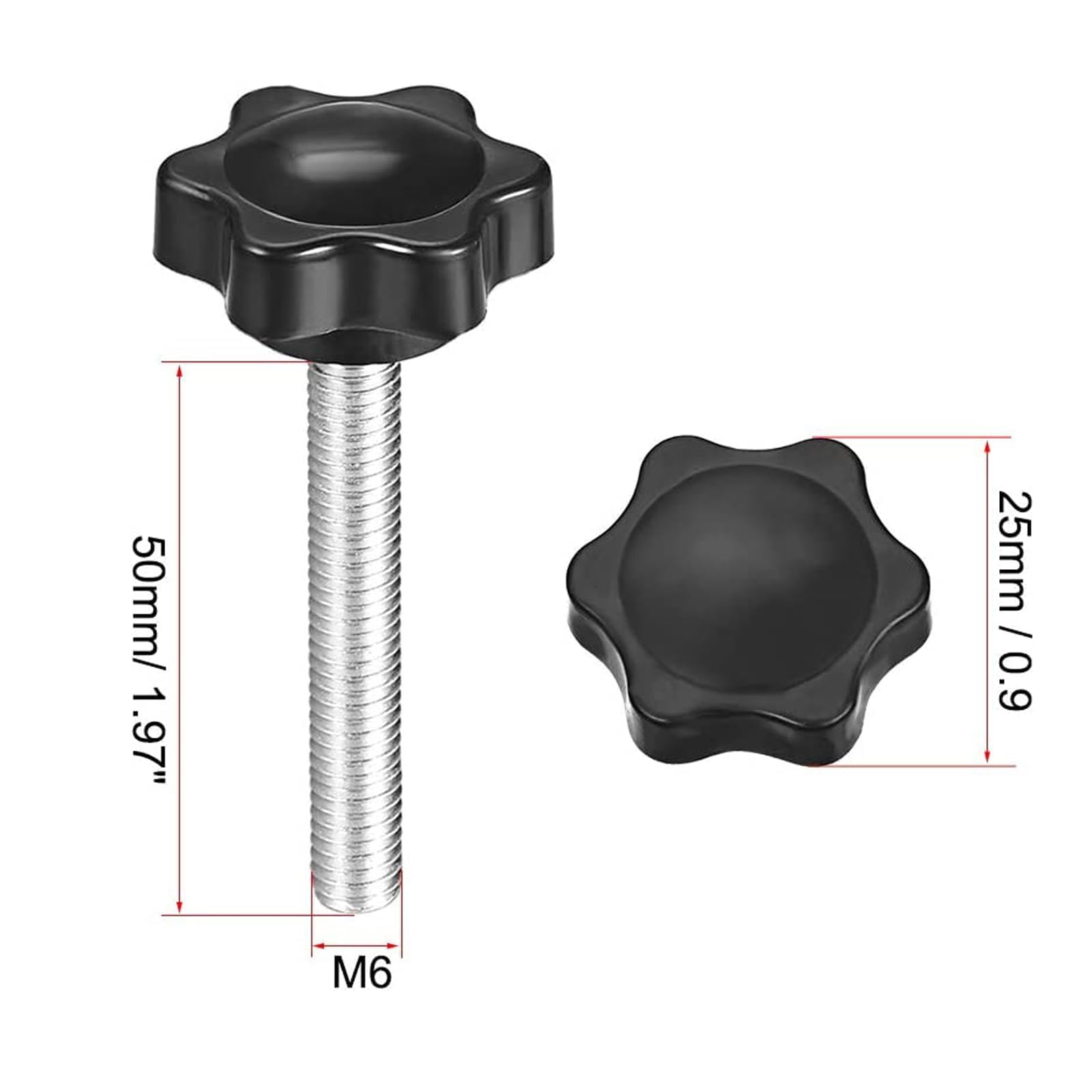 TOP-VIGOR 6Pcs M6 x 50mm Plum Hex Shaped Clamping Screw Knob, 25mm Dia Plastic Head Clamping Knob Handle Male Thread Thumb Screw - Image 2