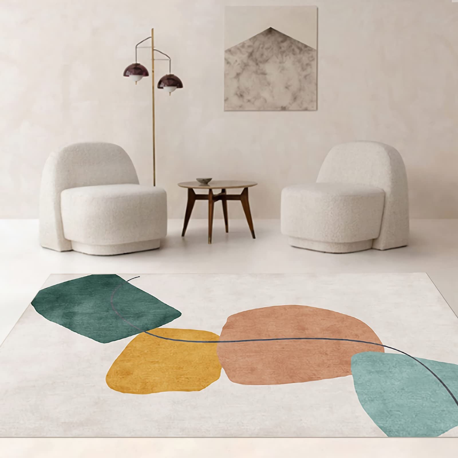 Tapis de salon géométrique moderne vert jaune et beige pour intérieur cosy
