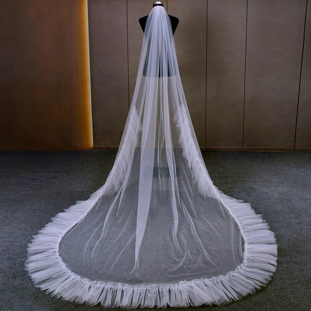 Romantic Wedding Veil 1 Tier Bridal Veils Wedding Veil with Ruffled Lace Edge(200cm)