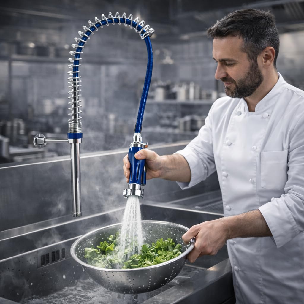 Genebre - Grifo Columna Prelavado Profesional 1705 04 | Grifo Industrial Monomando con Ducha Extraíble | Cocina Profesional y Hostelería | Columna Alta con Muelle AISI 304 y Cartucho Cerámico D40