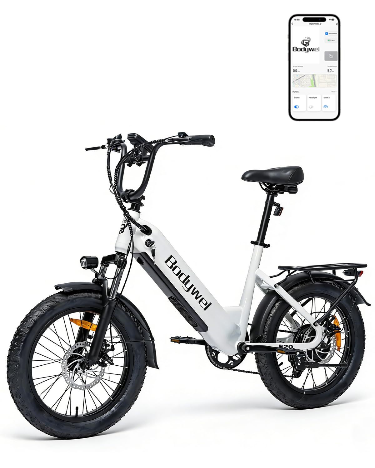 Bodywel F20 E Bike Herren Damen, 20x3.0“ E Fatbike Tiefeinsteiger Elektrofahrrad City Mountain,70-80km Reichweite, 48V 15Ah Akuu, 250W Heckmotor, 4,5“ LED Display, 7-Gang-Getriebe, Federgabel
