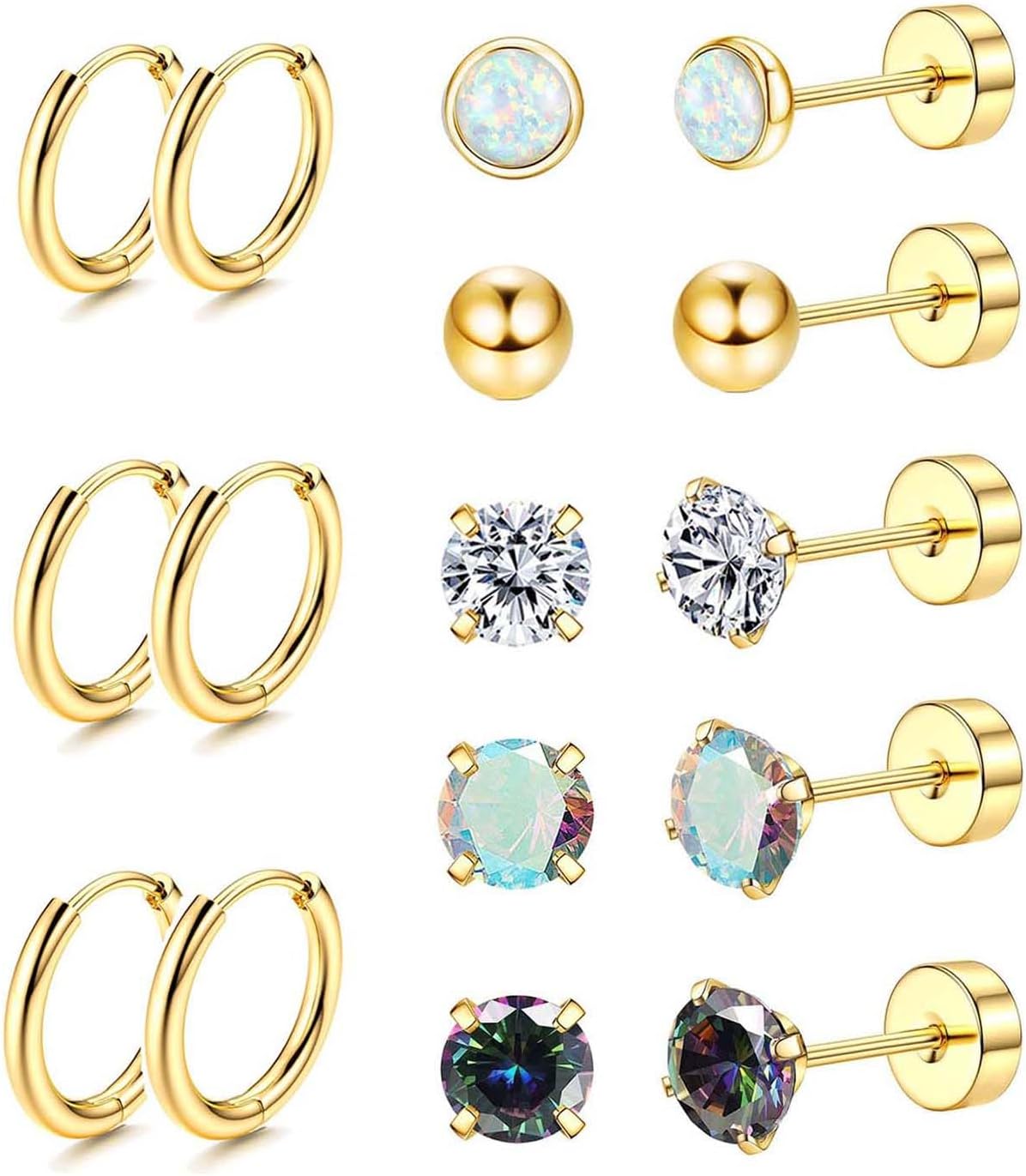 Surgical Steel Earrings for Sensitive Ears Hypoallergenic 20G Stainless Steel Stud Hoop Earrings for Women Men Small Opal Ball CZ Surgical Steel Flat Back Earrings Cartilage Earrings Hoop Stud
