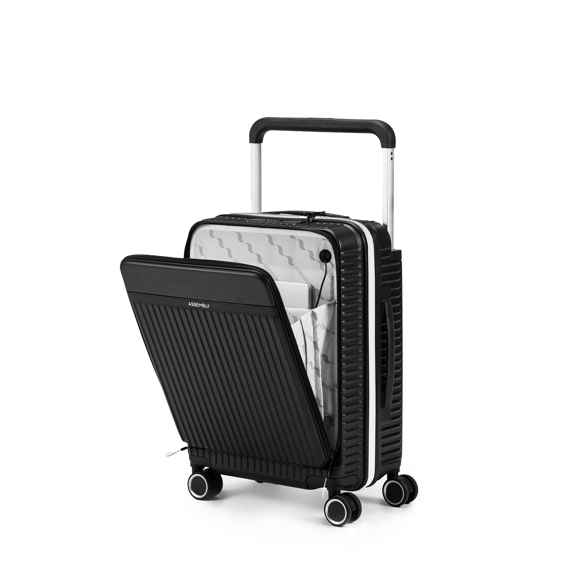THE ASSEMBLY Polycarbonate Spinner Premium Hard-Sided Cabin Luggage (55cms) with Wide Handle | 4 Wheels, Laptop Trolley Bag with USB Port -Black-50Litres (RoverPro)