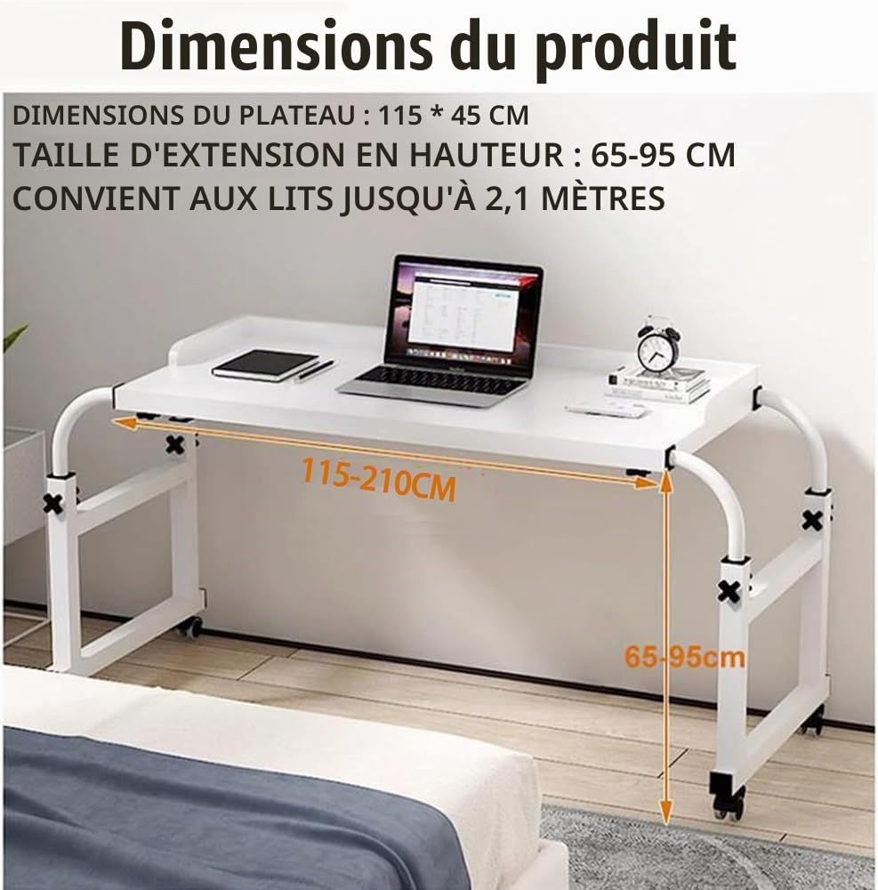 Bureau à roulettes sur Le lit avec roulettes，Table de lit réglable en Hauteur avec pivotantes (Color:Bois)
