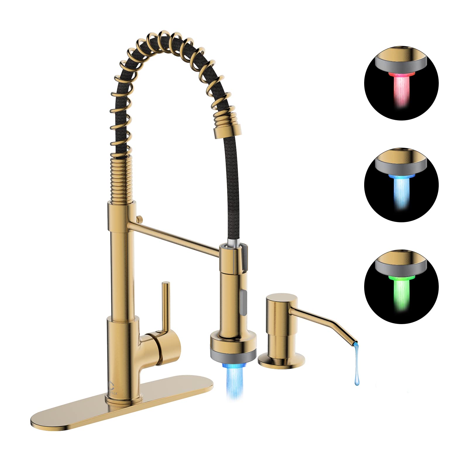 CasavillaLED Kitchen Faucet, Brushed Gold Kitchen Faucet with Soap Dispenser and Deck Plate, Faucet for Camper Farmhouse RV Kitchen Sink, Single Handle Kitchen Sink Faucets with Pull Down Sprayer