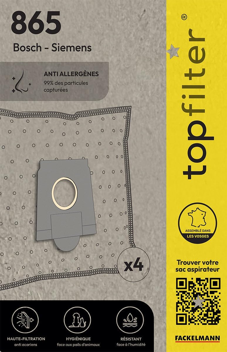 TopFilter Vacuum Cleaner Bags for Bosch Siemens, 1 Box, 4 x Fleece Vacuum Bags, 865 4 Dust Bags (30 x 26 x 0.1 cm