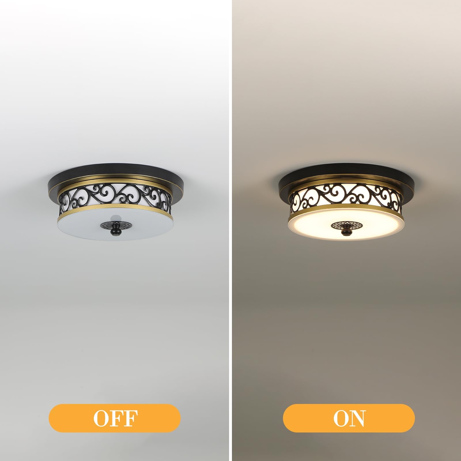Plafoniera Soffitto Soggiorno Rotonda Vintage,Ø30*H10cm Plafoniera in Tessuto-Vetro,Nero Lampadario Soffitto Villa Piatta per Camera da Letto,Cucina e Sala da Pranzo,Luce Neutra 4500K.