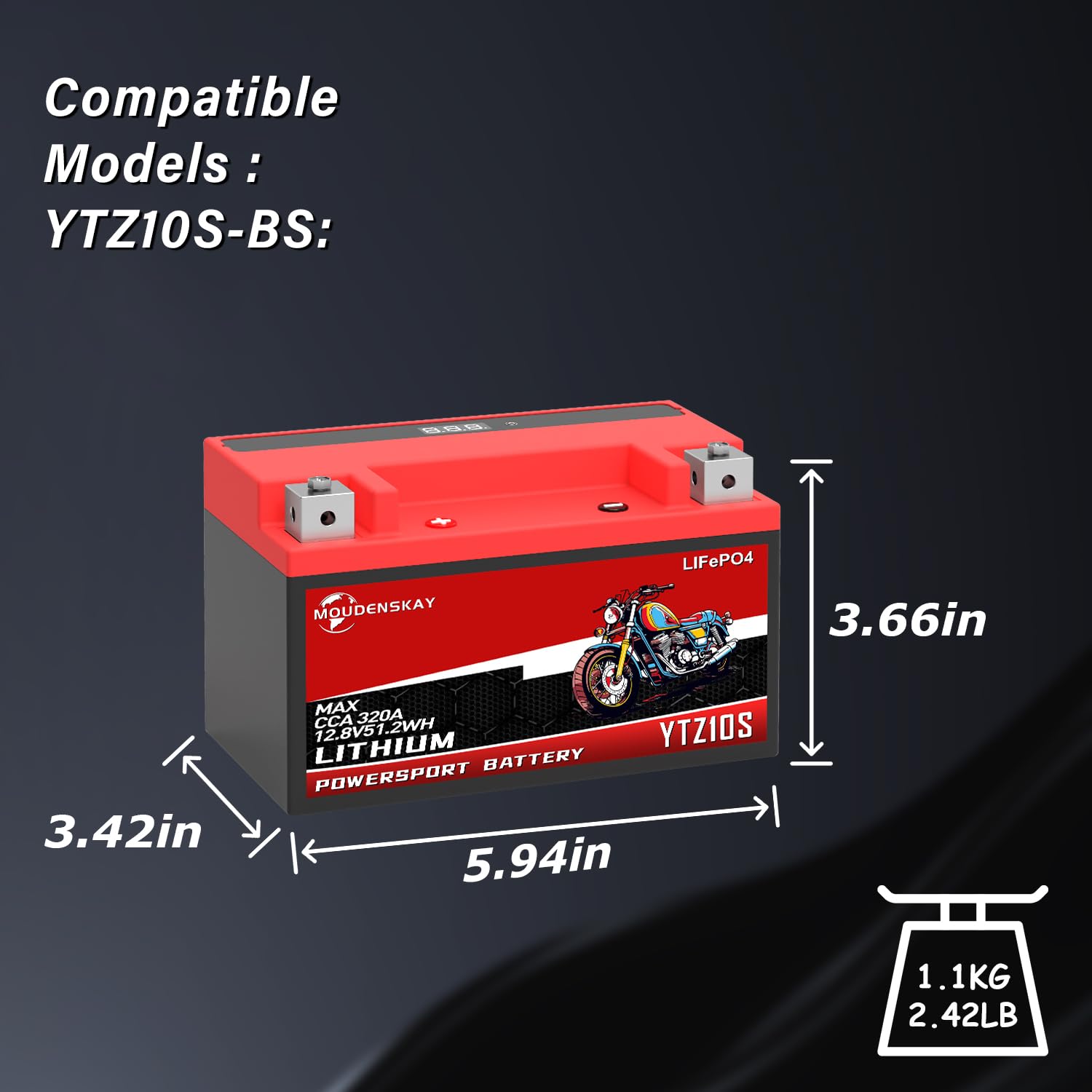 Batería de Litio Para Moto, Bateria Litio 12v Motocicleta con BMS,12.8V 4AH 280~320CCA 51.2WH YTZ10S LiFePO4 Motor de Arranque de la Batería Para Motocicleta,ATV,UTV,4 Wheeler, y más