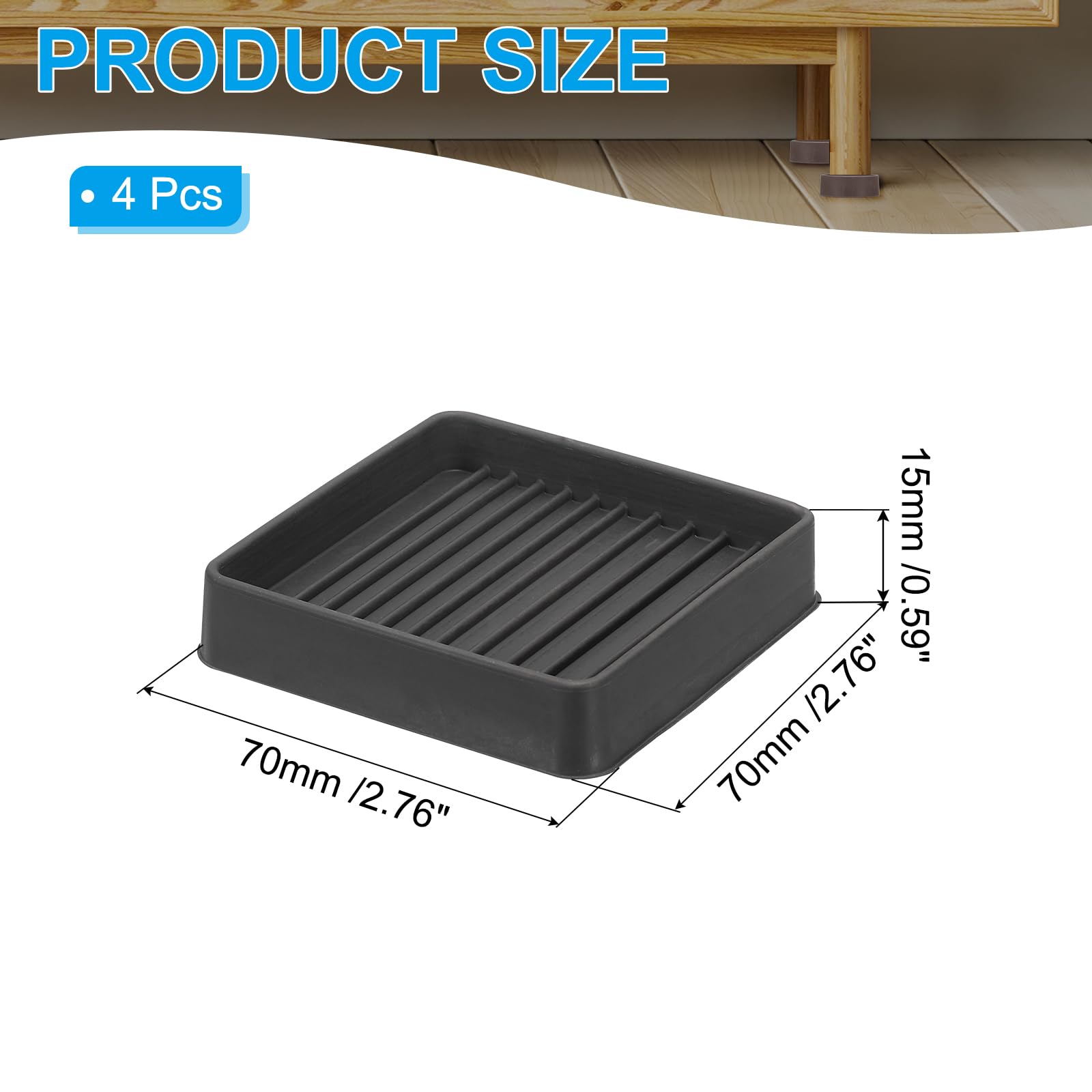 PATIKIL 2"x2" Square Rubber Furniture Pads, 4 Pack Non Slip Caster Cups Anti Skid Floor Protectors for Furniture Feet Bed Couch Chair Table Stopper, Black - Image 2