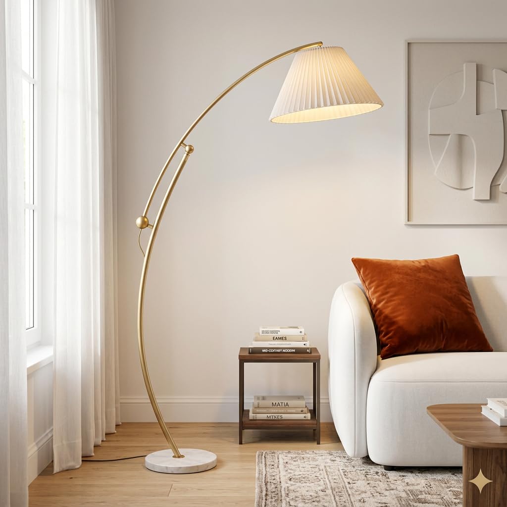 Decart Arc Floor Lamp 3-Color CCT (Warm + Natural + Cold White) | Living Room Bedroom Standing Lamp | Fabric Shade | Marble Base | Gold Metal Body-picture-23