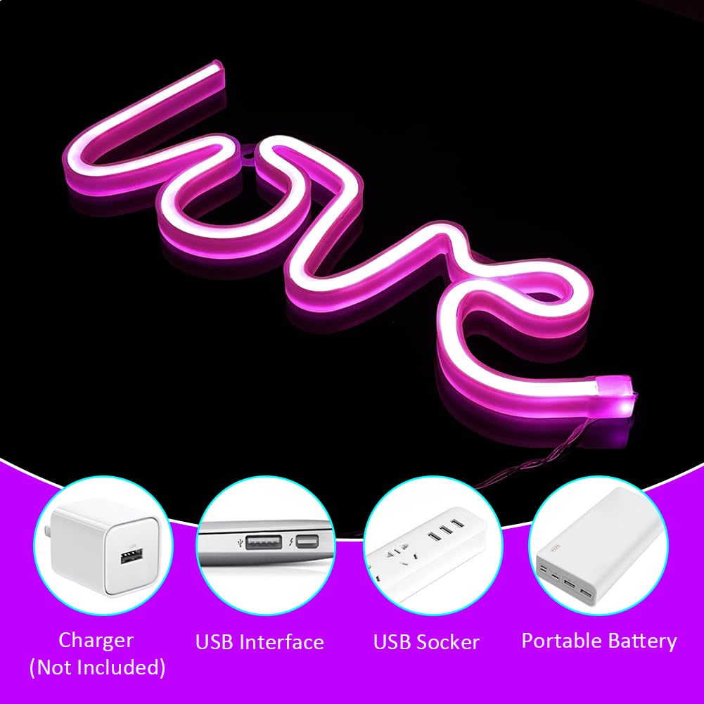 NELUX Confezione da 2 Cuore e Love (Amore) - Luci Neon LED Gaming, Lampada Neon Parete, Insegna Luminosa LED Camera Decorazioni Muro, Scritta Luce Fidanzato San Valentino. Connessione USB o batterie