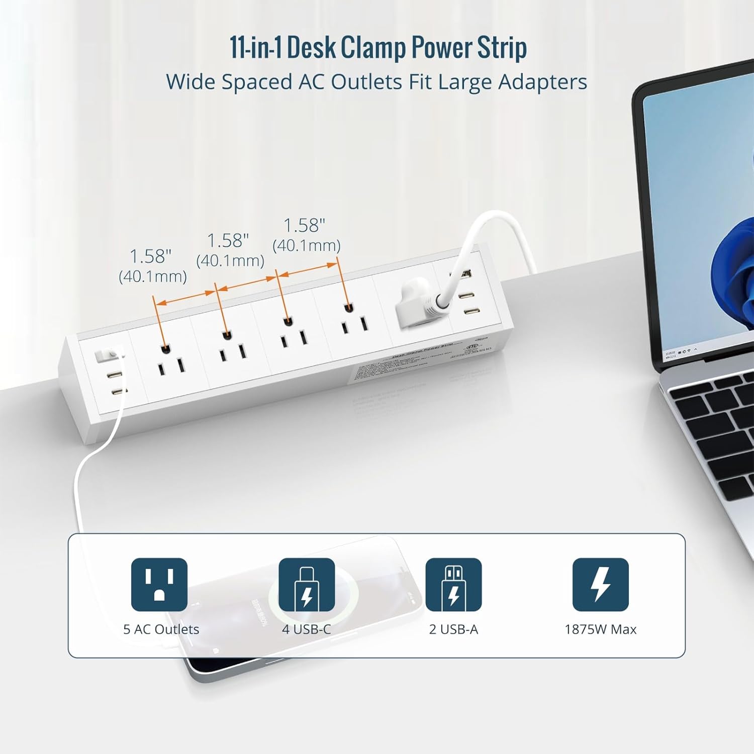 Tecmojo Desk Clamp Power Strip 5 Outlet with 2 USB A and 4 USB C Ports, 6 ft Cord, Desk Outlet Station Fit 1.6" Tabletop Edge, Over Loading Protection, ETL Listed, White