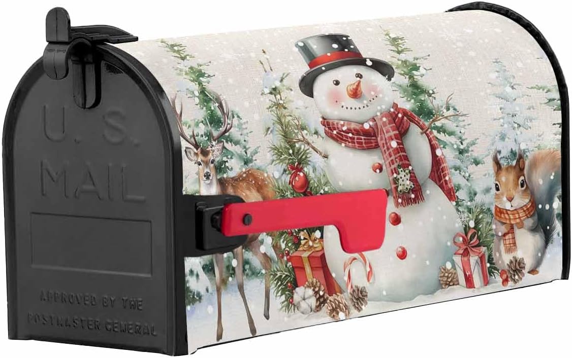 Winter Grey Mailbox Cover Magnetic Mailbox Wraps, Christmas Hat Snowman Xmas Pattern Mailbox Covers Large Standard Size 21x25.5 Inch Mail Wrap Post Letter Box for Outdoor Gardern Yard Decoration