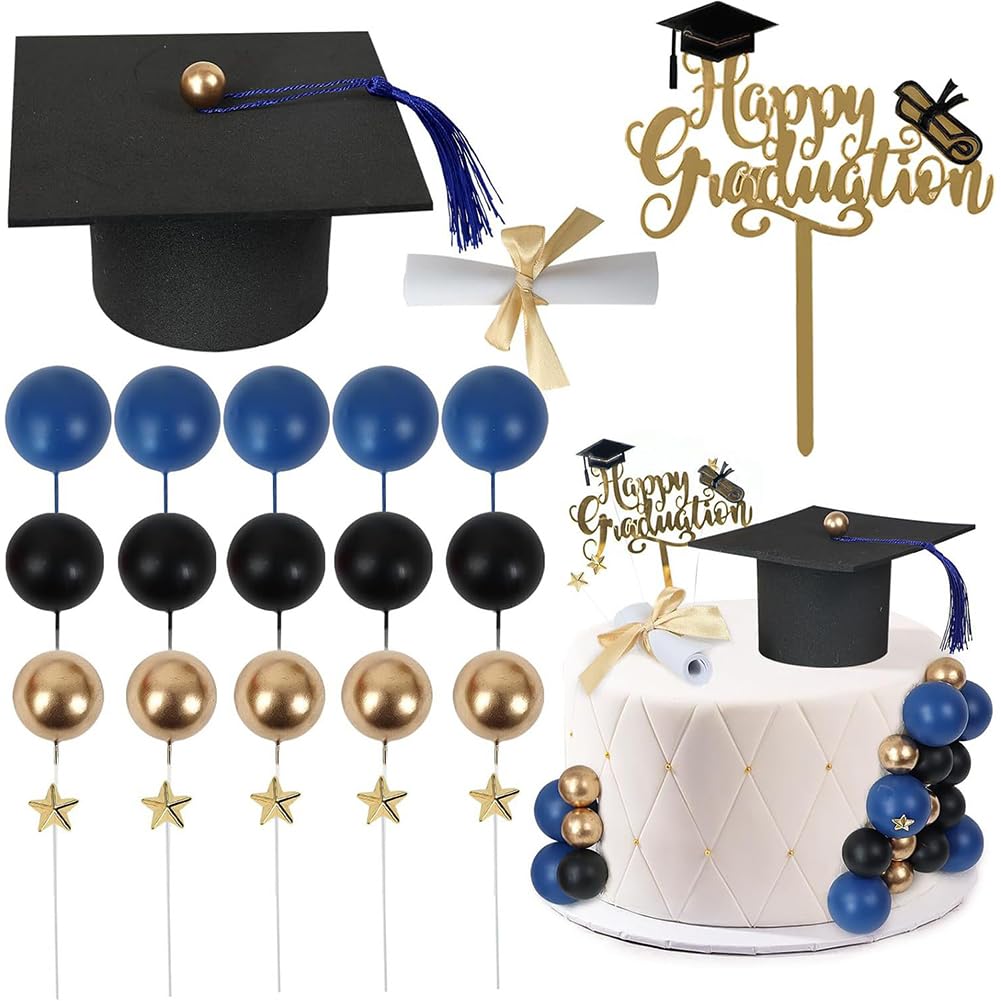 Graduation Cake Topper Set, Graduation Cake Decorations, 23Pcs 2026 Graduate Cap and Diploma Party Supplies, Cake Topper, Diploma Decor, Grad Cap (blue)