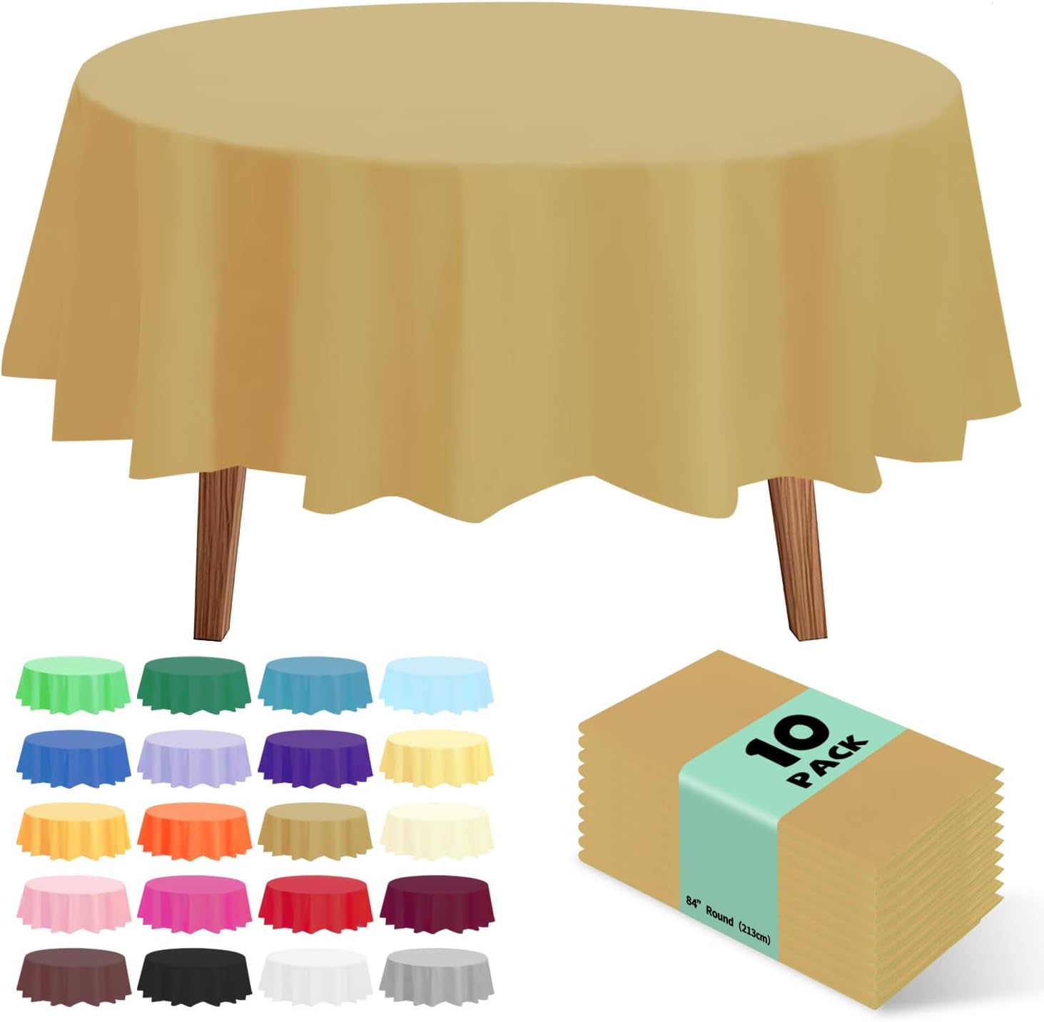10 Pack Premium Disposable Plastic Tablecloth 84" Round Table Cover for Birthdays Weddings Christmas Anniversary Buffet Table (Gold) 84" Round Gold