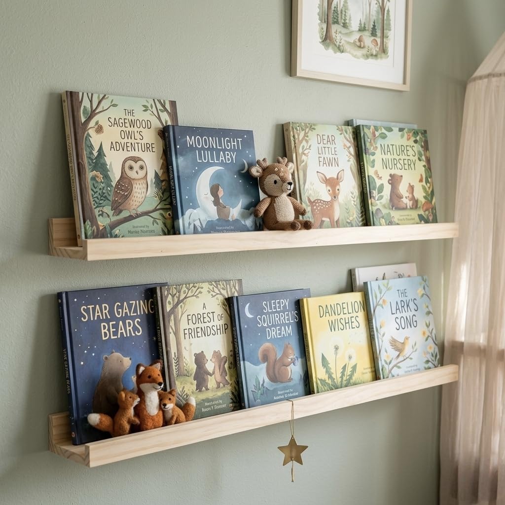 AZSKY 2 estantes flotantes de madera natural de 36 pulgadas, estantes de pared de estilo rústico rústico para libros infantiles, repisa de fotos de fotos, decoración de guardería