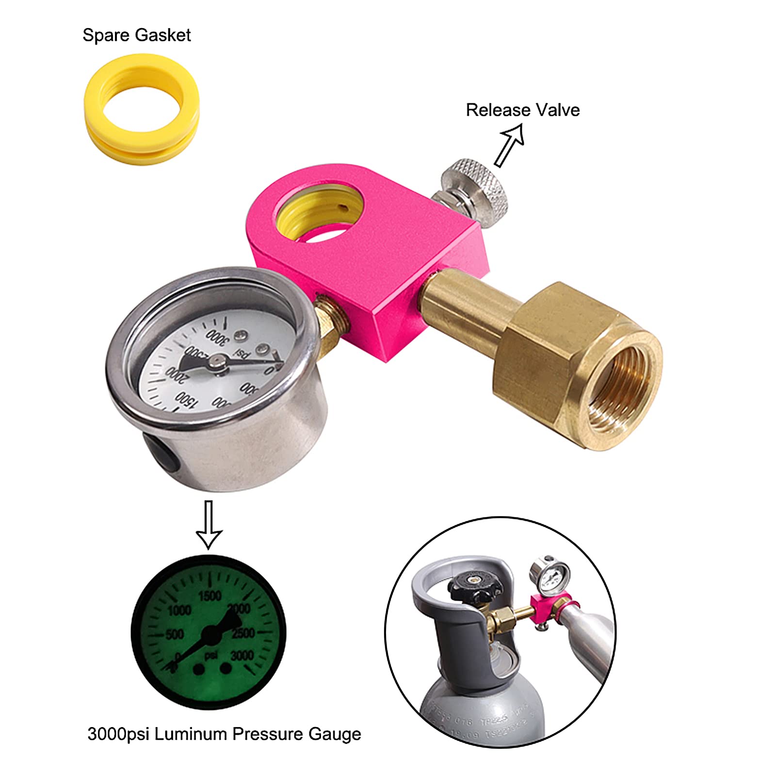 Adattatore di ricarica CO2 compatibile con Duo, Art e Terra, adattatore di ricarica CO2 per connettore W21.8-14 CO2, adattatore per bottiglia CO2 con manometro da 3000psi (rosa)