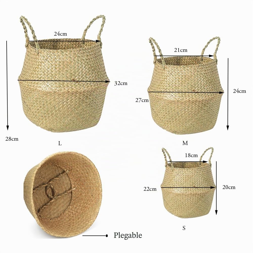Cesta de junco marino de, juego de 3 unidades, tejido natural, cesta para almacenamiento con asa plegable, para colgar, para maceta, como decoracioacuten