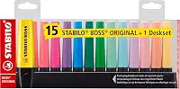 Marca Texto – STABILO BOSS ORIGINAL – Estojo com 15 unidades + Suporte de mesa – Em 15 cores