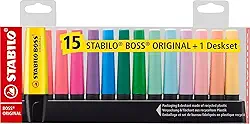 Marca Texto – STABILO BOSS ORIGINAL – Estojo com 15 unidades + Suporte de mesa – Em 15 cores