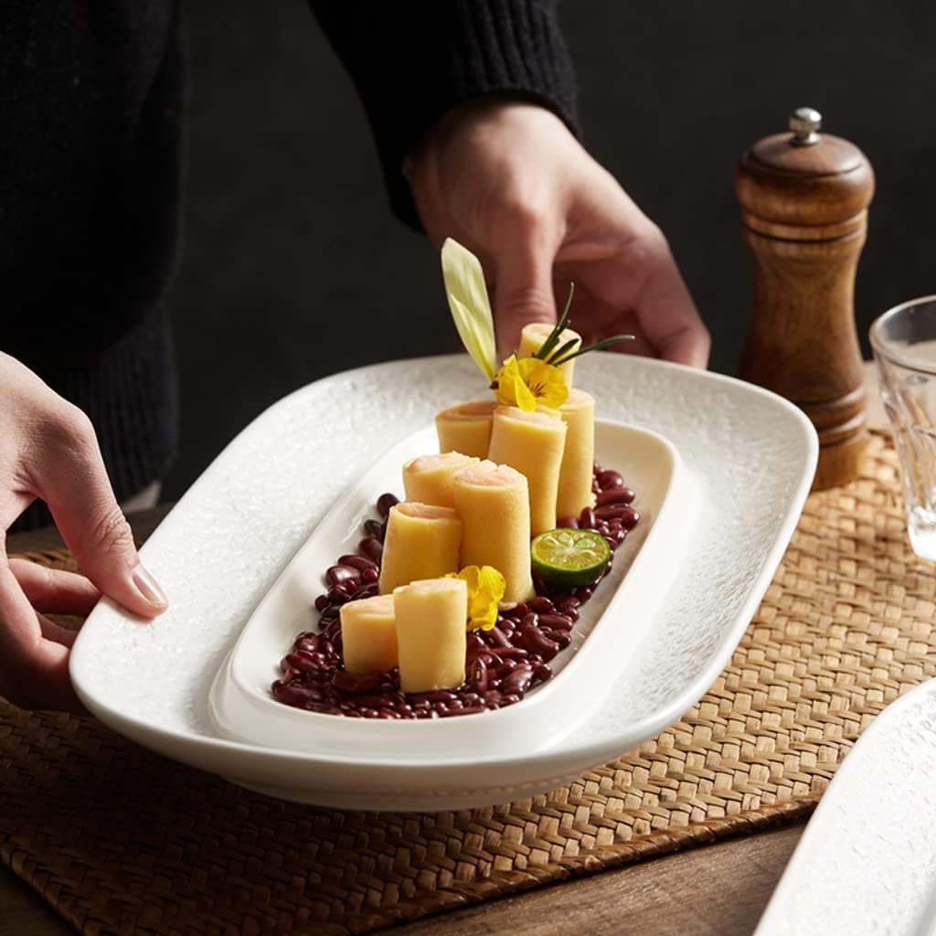 モダンな大型ディナープレート サーブプレートトレイ多機能レリーフストーンセラミックオーバルダイニングプレートディッシュ寿司プレート食