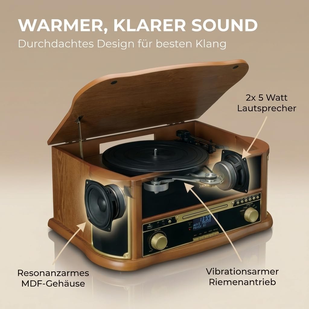 Lenco TCD-2571WD - Plattenspieler mit Lautsprecher & Bluetooth | TCD-2571 - Schallplattenspieler - Vinyl Player - 3 Gang (33/45/78 RPM) - CD-Spieler