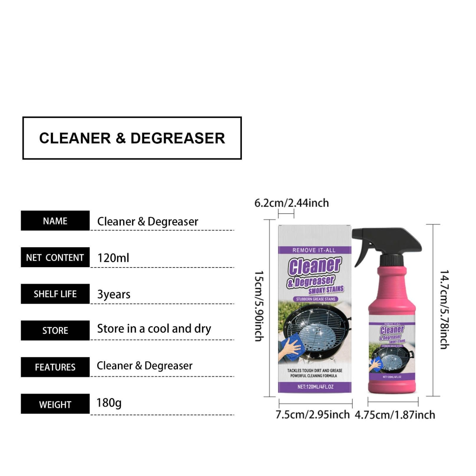 Fast-Acting Heavy-Duty Grill Degreaser Spray, Nettoyant Barbecue & All Purpose Degreaser – BBQ Grill Cleaner, Heavy Duty Oil Cleaning Agent for Smoker, Stains and Stubborn Grease (3PC)