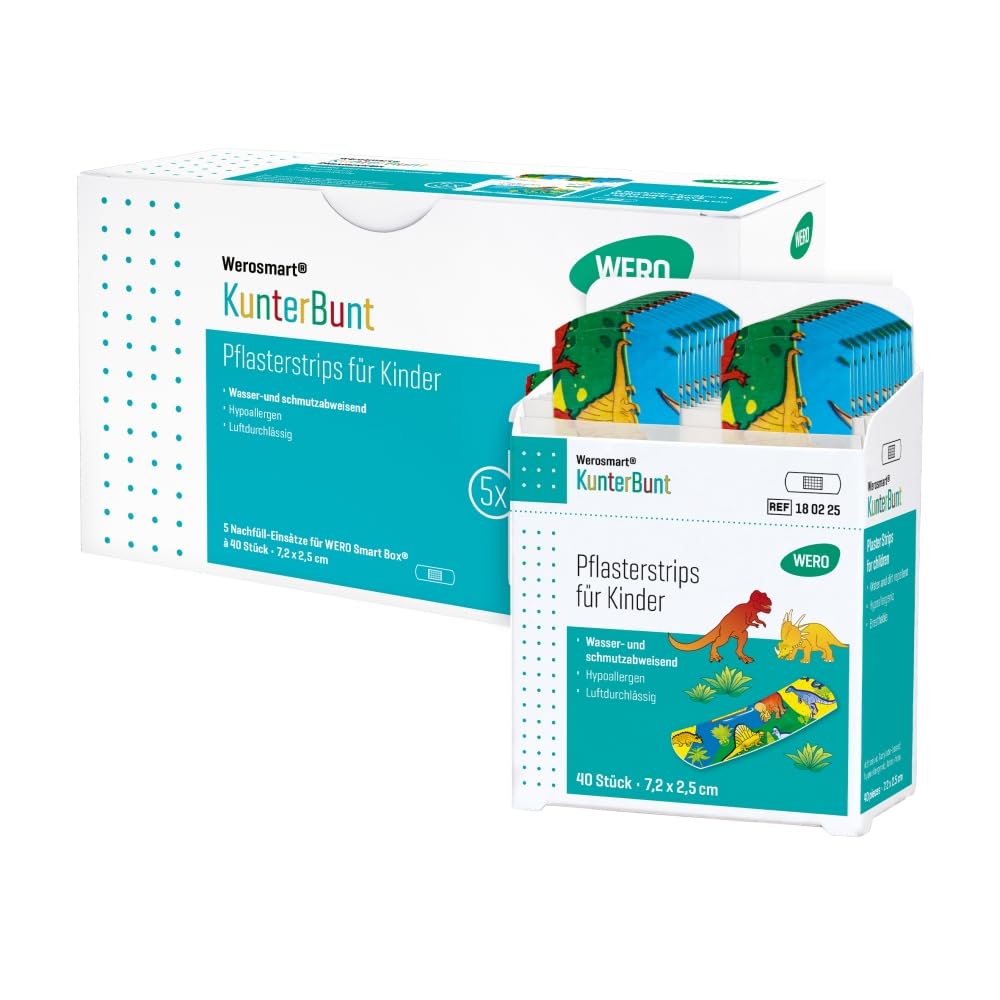 Werosmart® KunterBunt Pflasterstrips für Kinder 7,2 × 2,5 cm, 5 Einsätze | Nachfüll-Einsätze für WERO Smart Box® Pflasterspender