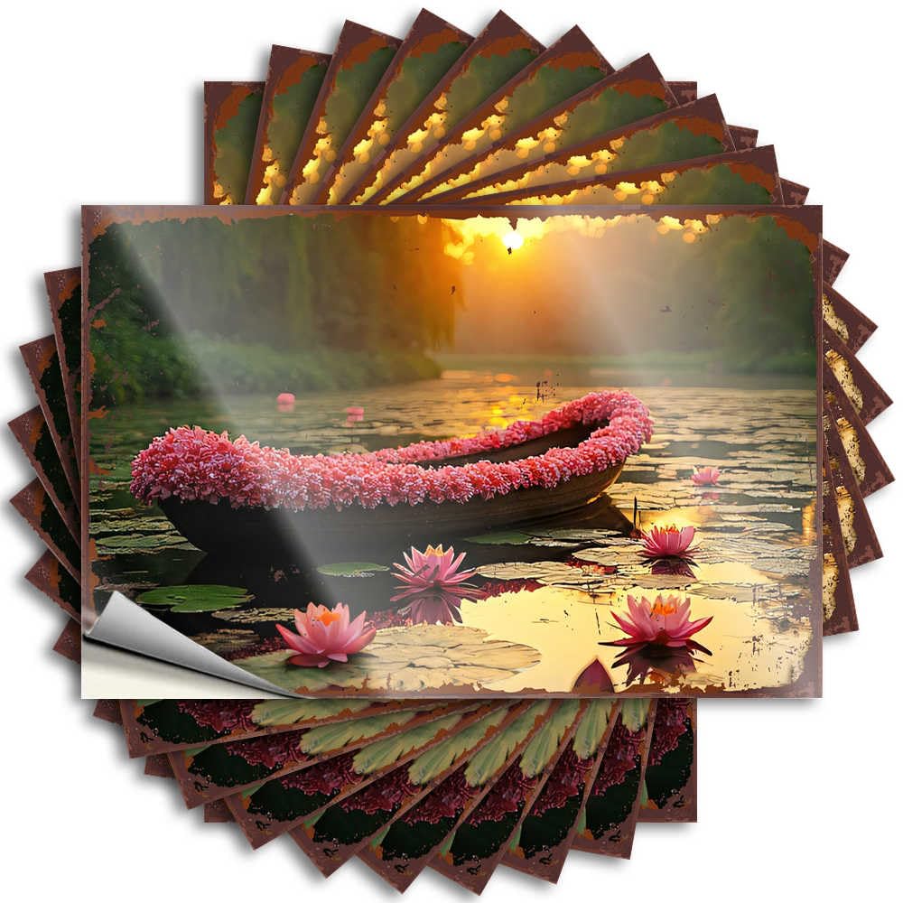 Metal, Bumper Case Boat Decorated with Pink Flowers On A Serene Lake At Sunset | Football Beer(12X18CM)