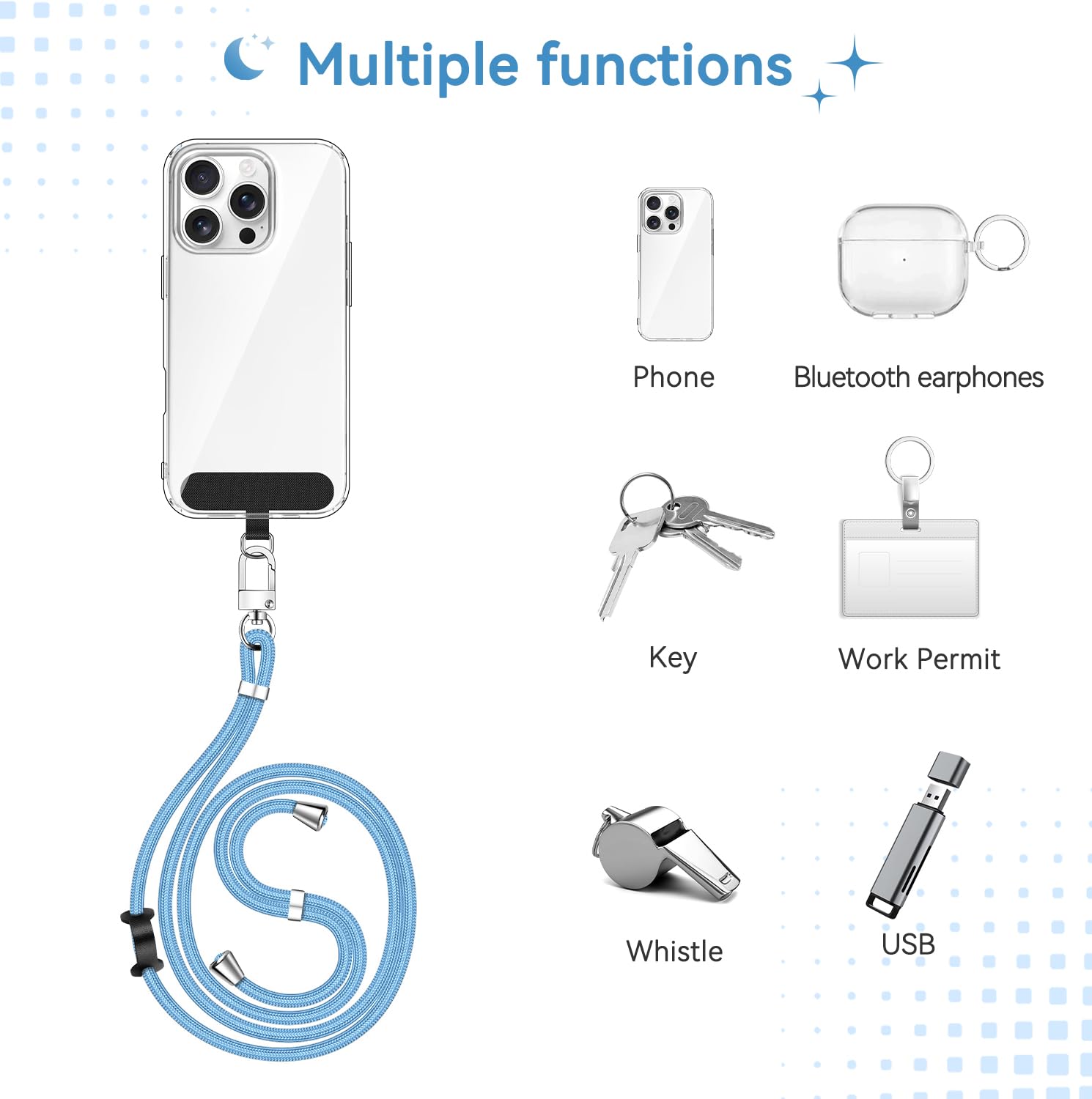 iVoler Cordino per Cellulare Universale con 2 pezzi Patch, Regolabile e Rimovibile Cordino Tracolla per Telefono, Adatto per iPhone Samsung Xiaomi e Qualsiasi Custodie per Smartphone - Azzurro