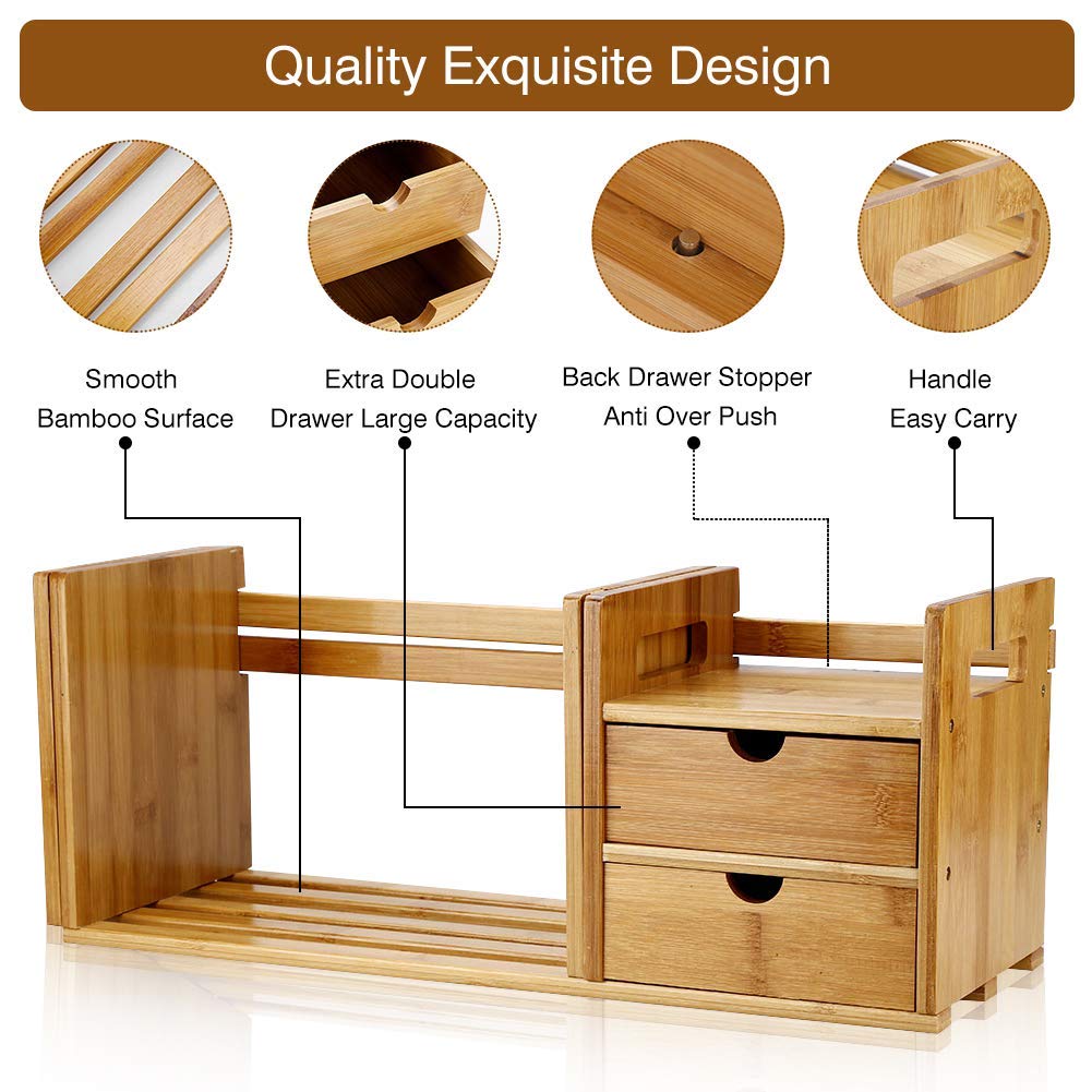 Bambus ausziehbares Schreibtisch-Bücherregal, verstellbar Holz, Schreibtisch-Organizer, Regal mit 2 Schubladen, natürliches Bambusholz Regalregal, DIY Mini Book Case mit 2 Schubladen