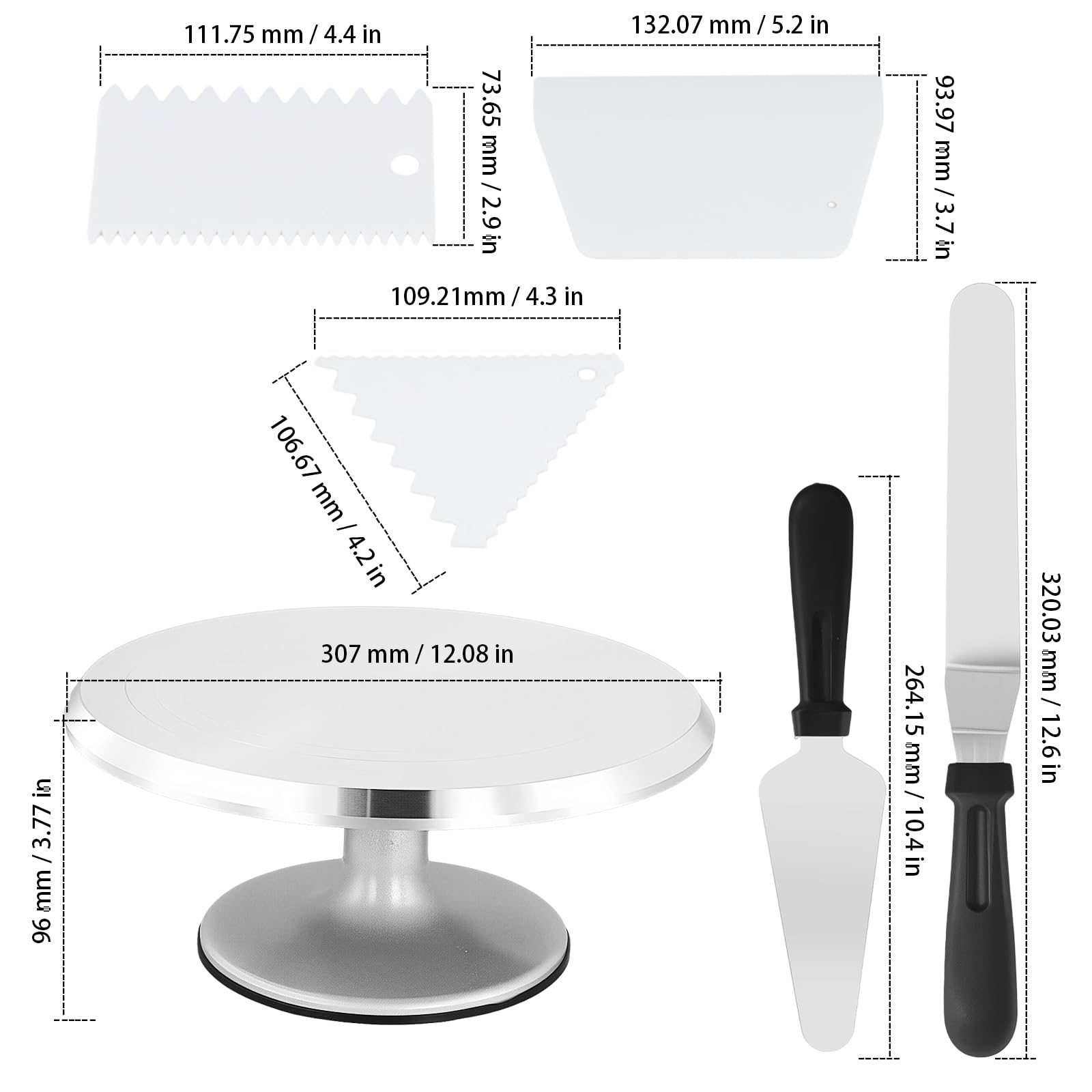 Plato Giratorio de Aleación de Aluminio para Tartas, 30,7 cm, Set de 6 Piezas con 3 Espátulas y 2 Cuchillos