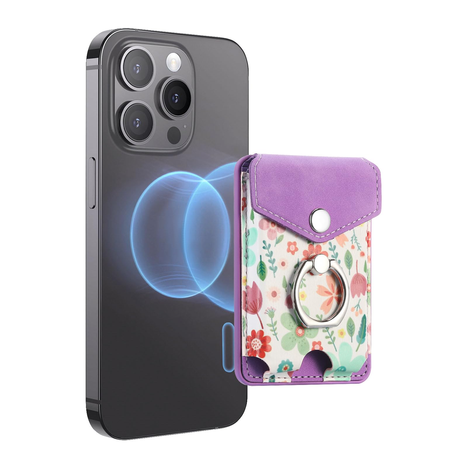 Card Holder for MagSafe Wallet with Ring for iPhone 15/14/13/12 Series, Strong Magnetic Card Holder Flowers Wallet Fit 5 Cards Sleeve Pocket Floral Purple-image-10