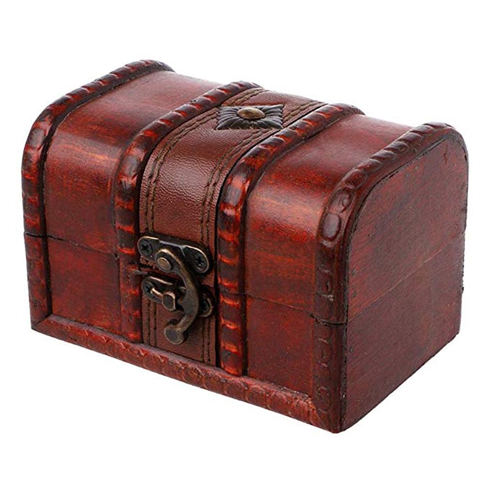 OIFAODAO Vintage wooden jewelry box, Small Jewelry Storage Treasure Rustic Wooden Box Case Vintage Handmade Chest