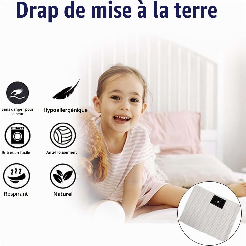 Drap De Mise à La Terre,Feuille De Tapis De Mise à Laterre avec Câble De Raccordement à La Terre,Drap De Lit 10% Fibre d'argent Pur Et 90% Coton Biologique,pour Un Sommeil Réparateur,99 x 203 cm
