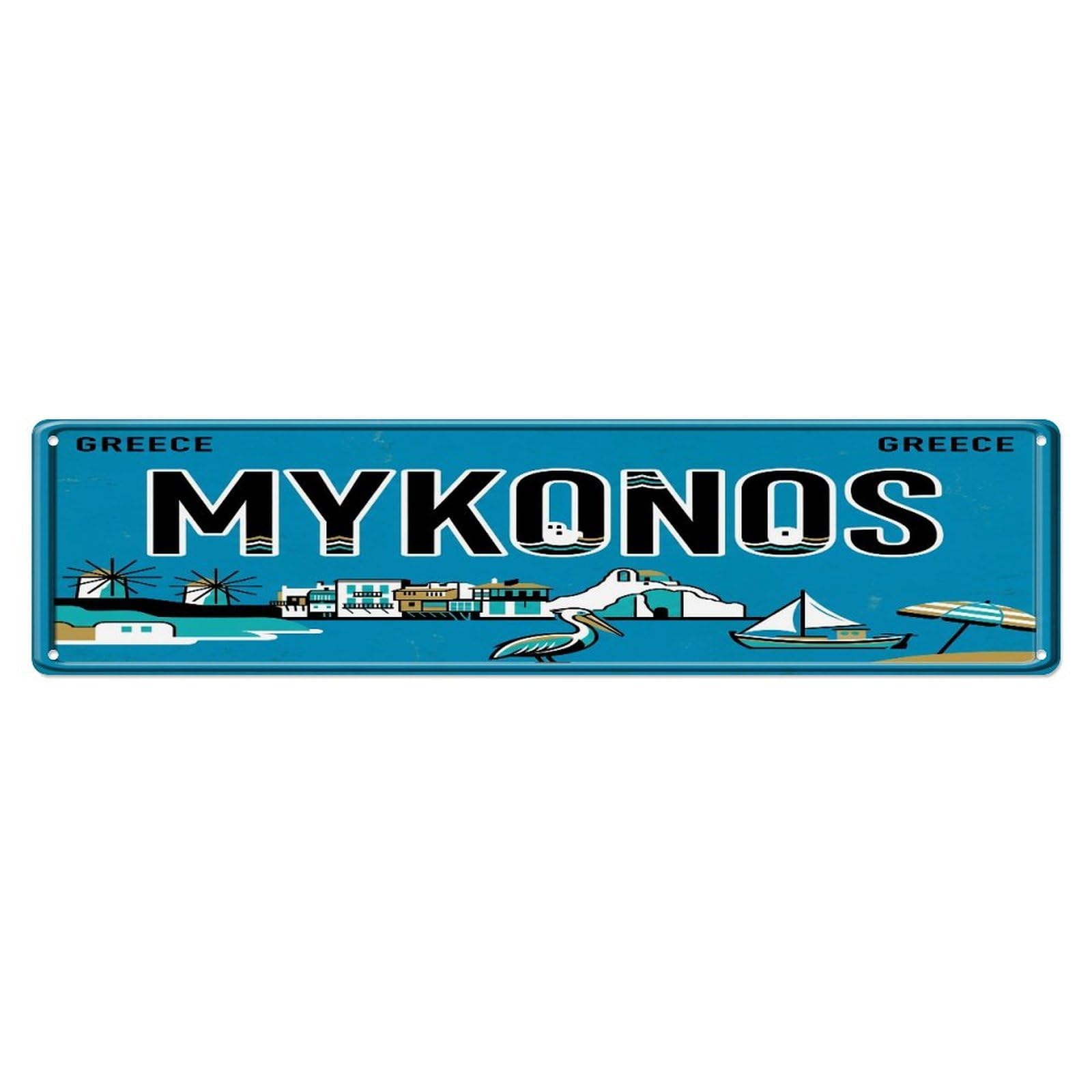 Metal Tin Sign Vintage Travel Mykonos Greece Windmill Beach