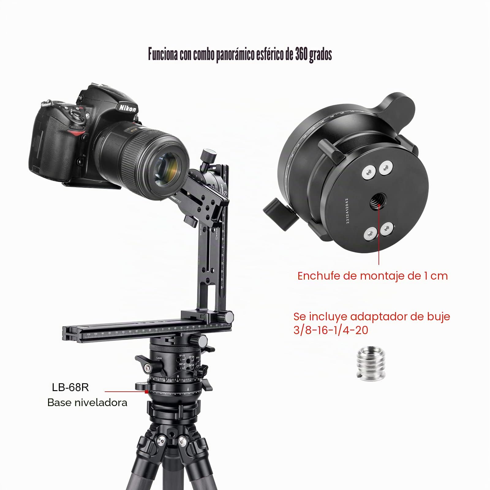 SUNWAYFOTO LB-68R 360 - Cabezal de trípode con base de nivelación panorámica, capacidad de carga de 10 kg