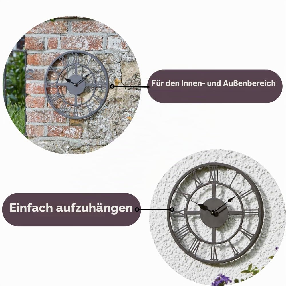 Garden Mile 35 cm Skelett-Wanduhr für drinnen und draußen, langlebig, groß, rund, wetterfest, für den Außenbereich, Wandschmuck für den Garten, Uhren für die Küche
