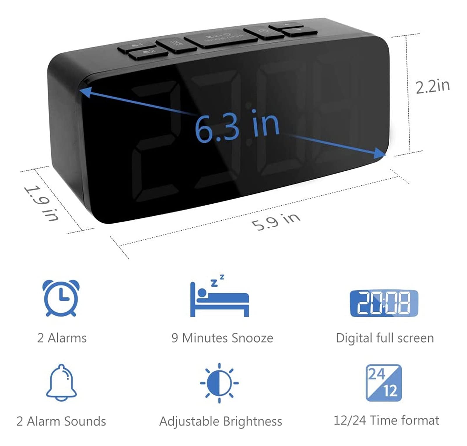 JJJ WTL Despertador Reloj de Alarma Digital 6,3 Pulgadas DIRIGIÓ Relojes de Noche Relojes 2 Alarmas de 6 Niveles Brillo Snooze Función 12 / 24H Mostrar Red eléctrica con Adaptador