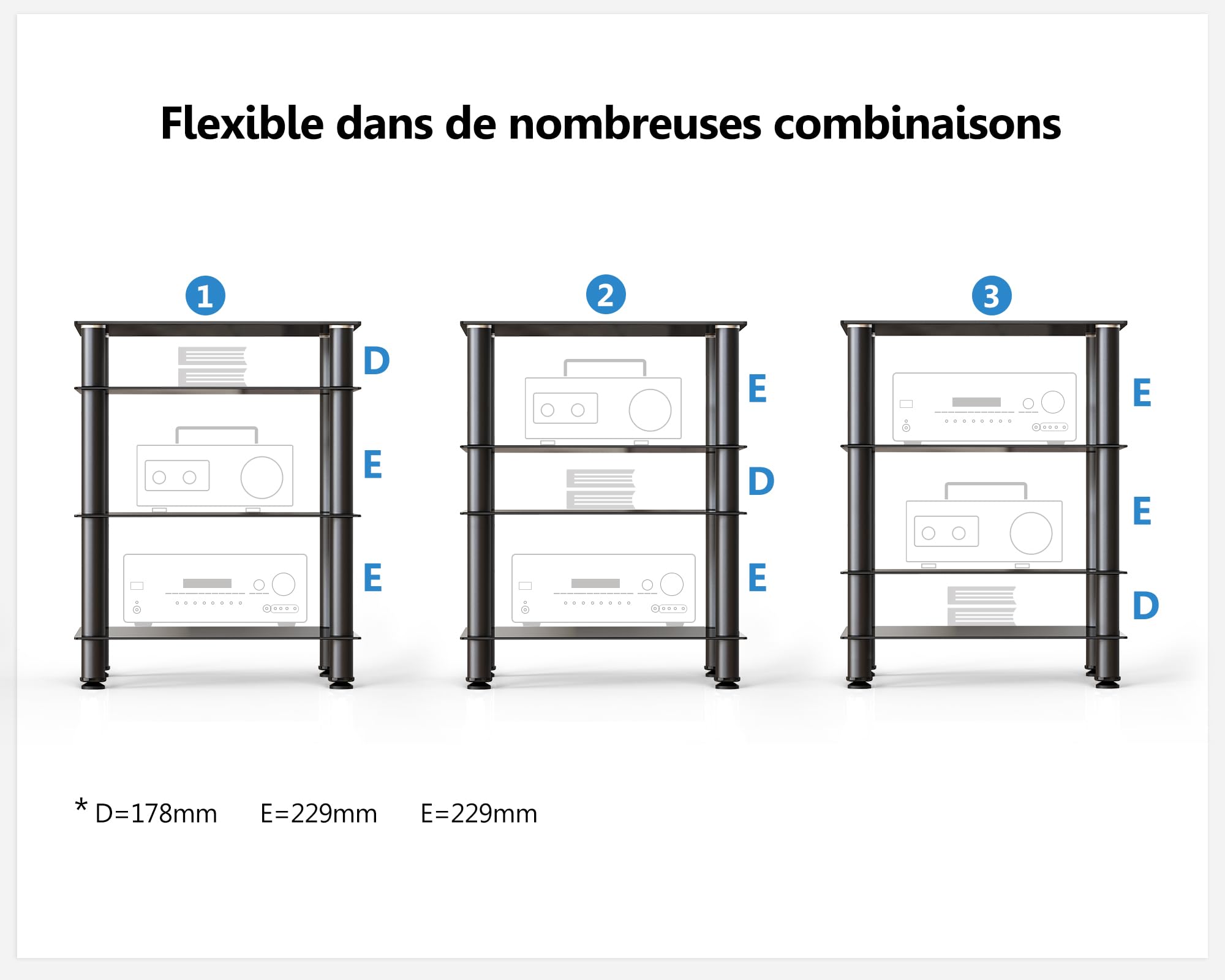 FITUEYES Meuble HiFi Verre Trempé Noir 4 Niveaux Hauteur Réglable 60×46×77 cm Charge 40 kg