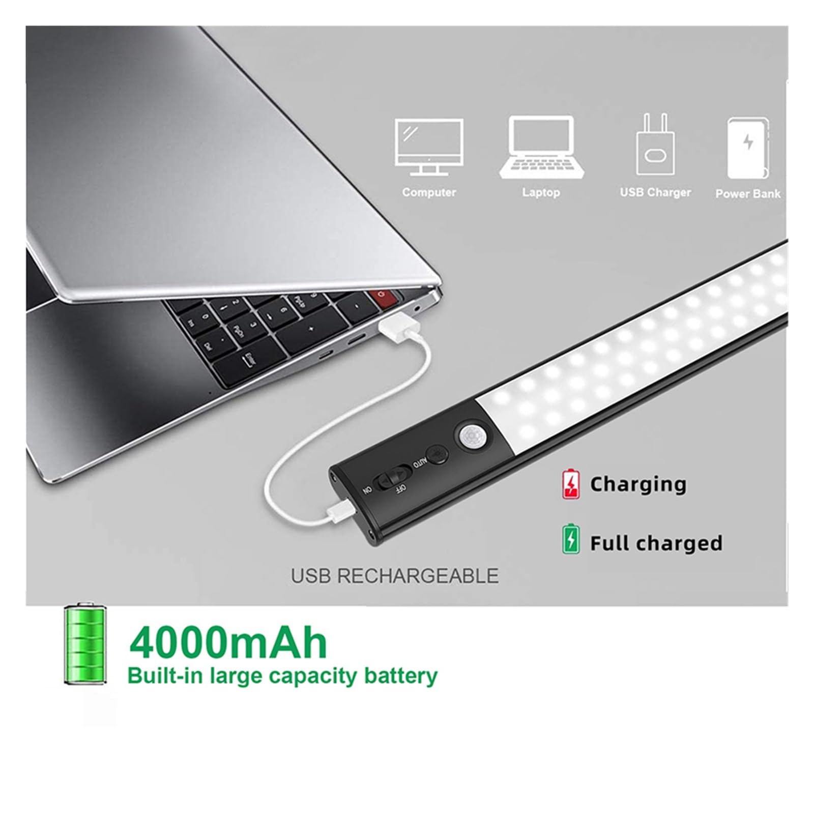 Luces Bajo Armario Luz LED Nocturna Con Sensor De Movimiento Inteligente, Lámpara Noche For Sala Estar, Dormitorio, Gabinete Carga USB, Iluminación Cocina For Decoración Del Hogar(2000 mAh)
