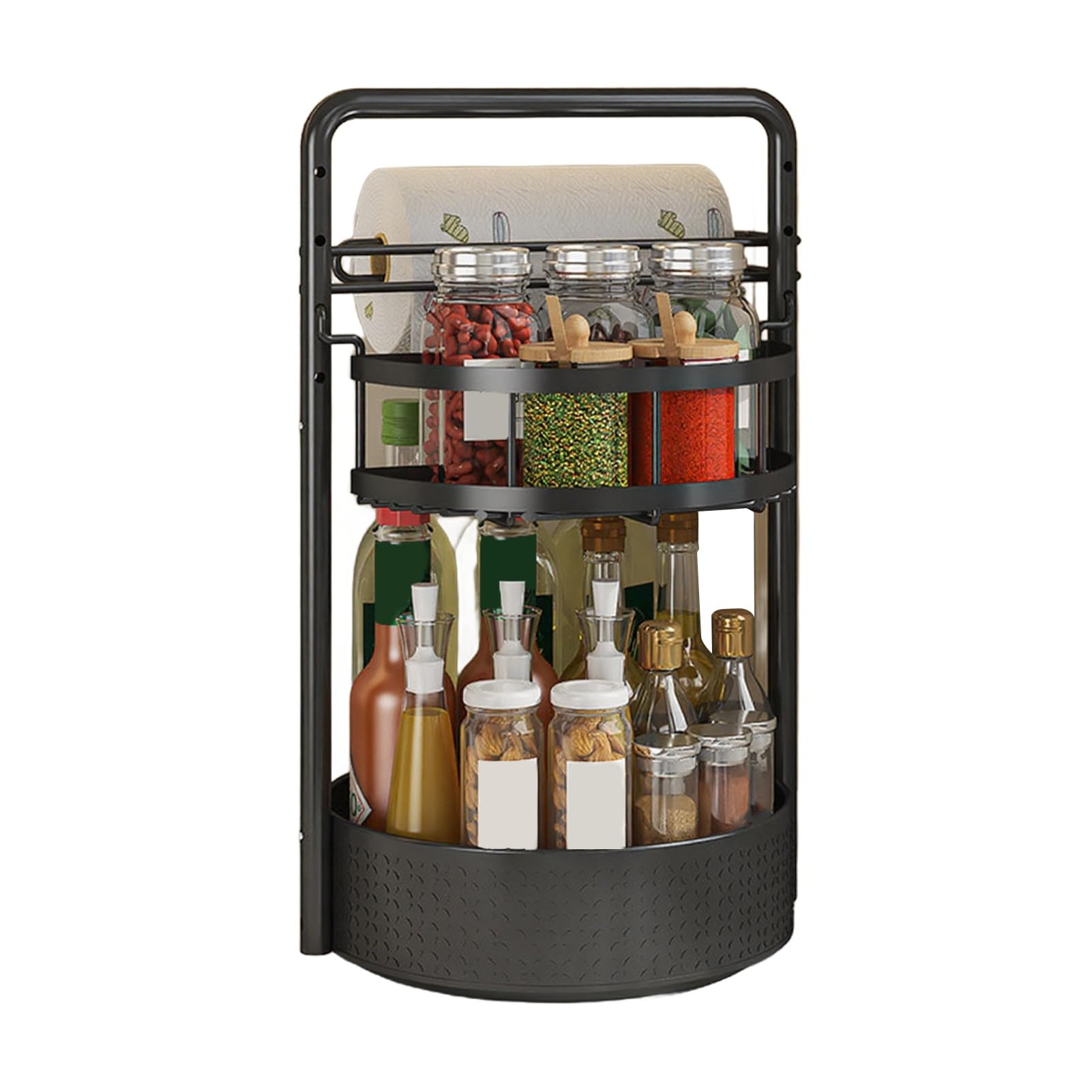 Glifora Rotating Spice Rack with Built-in Paper Towel Holder - 360 Degree Double-Layer, Adjustable Height Organiser, Metal Kitchen Storage Rack